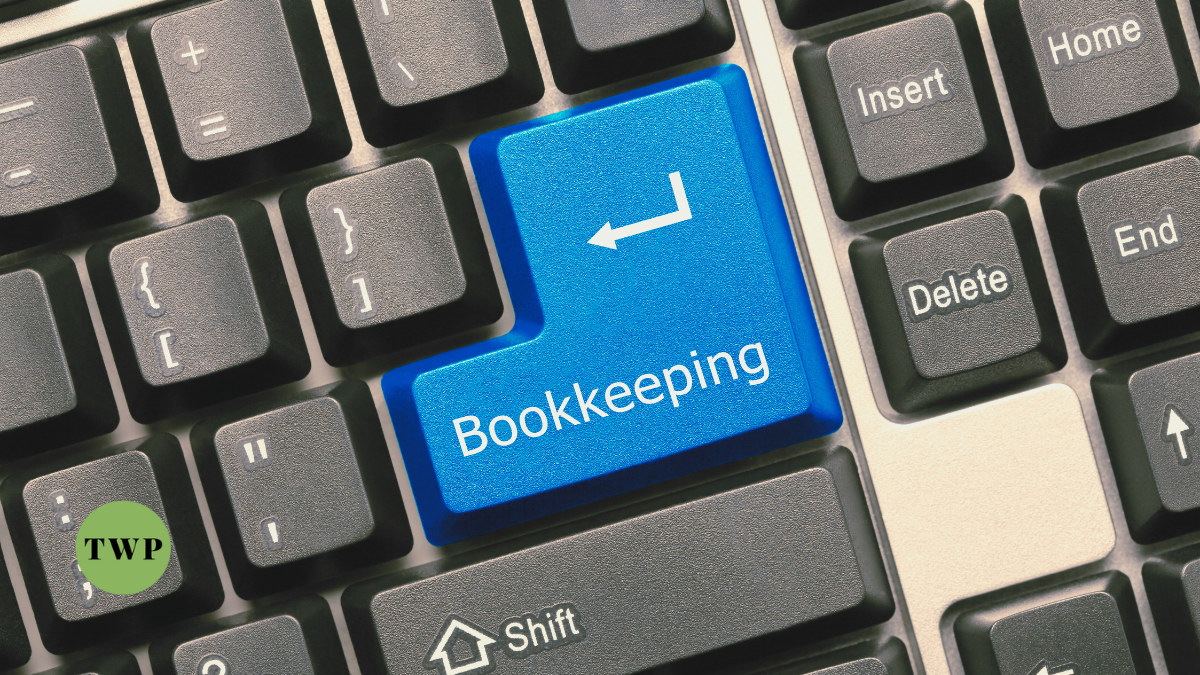 Close-up of a computer keyboard with a blue 'Bookkeeping' key highlighted, indicating a specialized bookkeeping service, with the TWP logo on the Ctrl key.