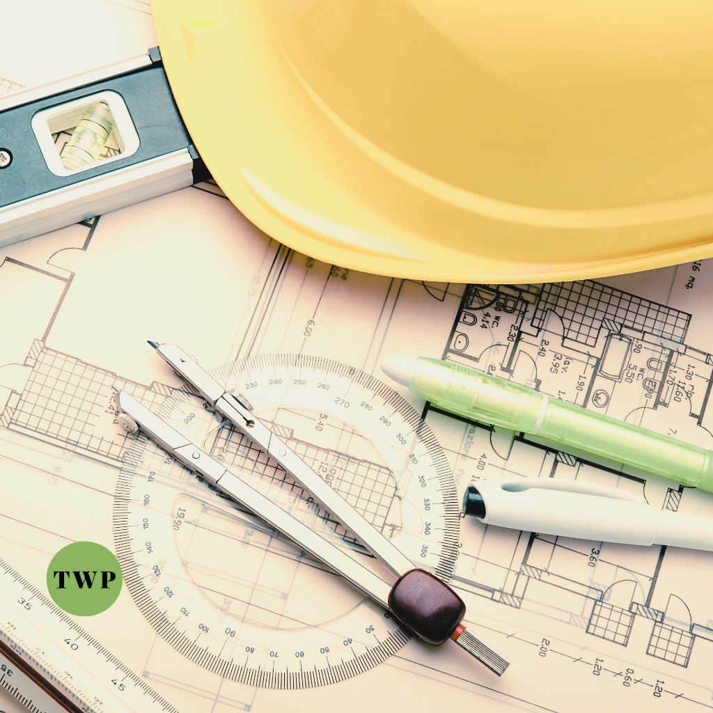 Architectural planning tools, including a hard hat, level, blueprints, and drafting tools, signifying meticulous construction project planning with the TWP logo.